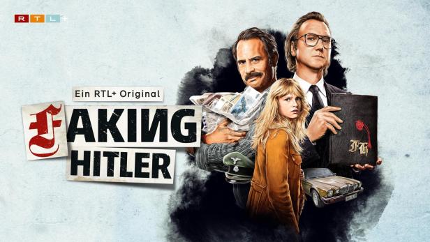 Das Keyart zur RTL+-Serie „Faking Hitler“ zeigt die Hauptfiguren mit Geld, einem Tagebuch und einem Auto.