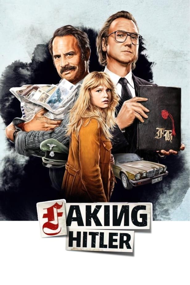 Das Filmplakat zu „Faking Hitler“ zeigt drei Personen, Geld, ein Auto und eine NS-Mütze.