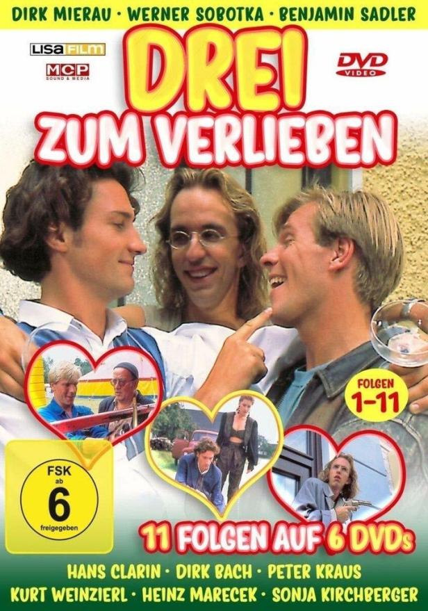 Das DVD-Cover der Komödie „Drei zum Verlieben“ mit Dirk Mierau, Werner Sobotka und Benjamin Sadler.