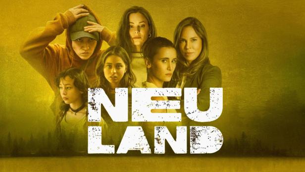 Das Filmplakat für „Neuland“ zeigt eine Gruppe von Frauen und Mädchen vor einem gelben Hintergrund.