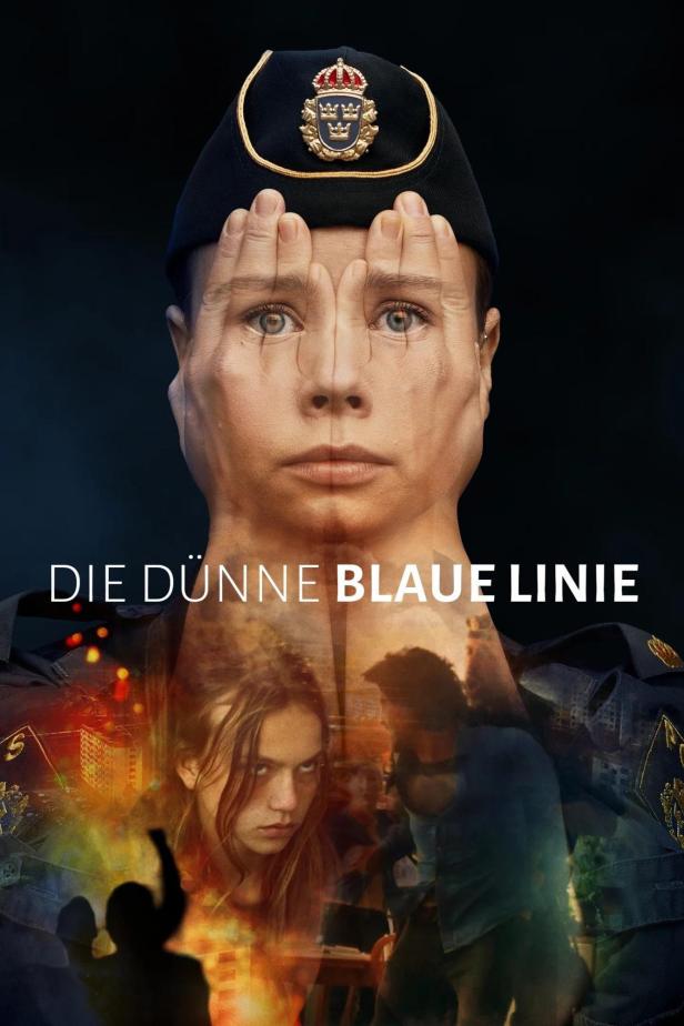 Das Poster für „Die dünne blaue Linie“ zeigt eine Polizistin, die ihr Gesicht teilweise mit den Händen verdeckt.