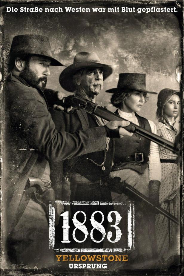 Das Poster für die Fernsehserie „1883“ zeigt eine Gruppe bewaffneter Siedler in Sepiafarben.
