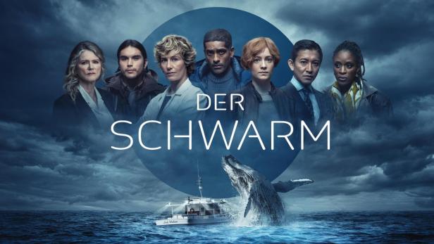 Das Filmplakat für „Der Schwarm“ zeigt eine Gruppe von Schauspielern, ein Boot und einen Wal.