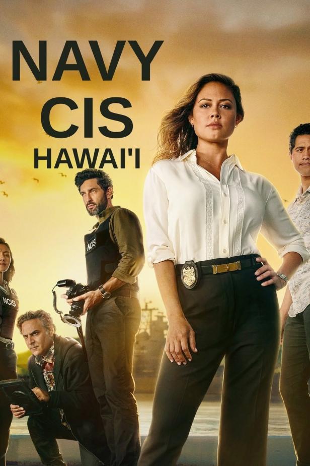 Das Ensemble der Fernsehserie „Navy CIS: Hawaiʻi“ vor einem Sonnenuntergang.
