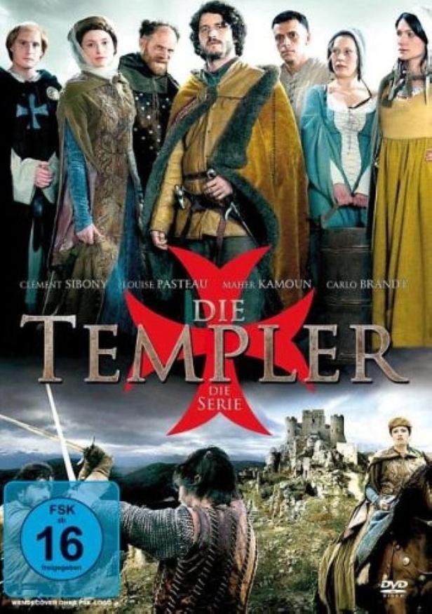 Das Cover der Serie „Die Templer“ zeigt die Hauptdarsteller vor einer Burgruine.