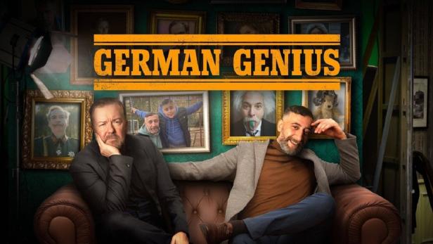 Das Filmplakat für „German Genius“ zeigt Ricky Gervais und Kida Ramadan auf einer Couch.
