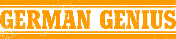 Der Schriftzug „German Genius“ in orange Farbe auf schwarzem Grund.