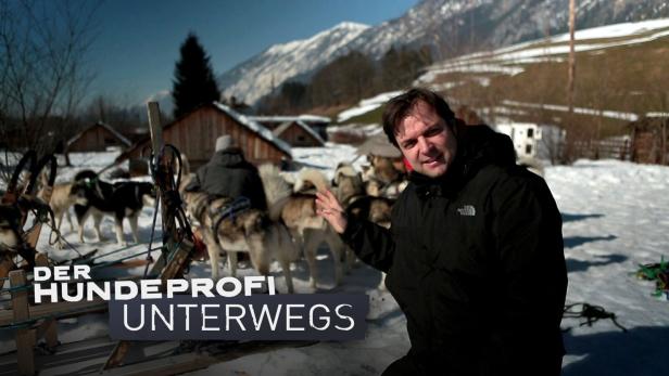 Ein Mann steht vor einem Hundeschlitten mit Huskys in einer verschneiten Landschaft.