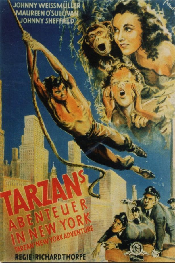 Das Filmplakat für „Tarzans Abenteuer in New York“ mit Johnny Weissmuller, Maureen O'Sullivan und Johnny Sheffield.