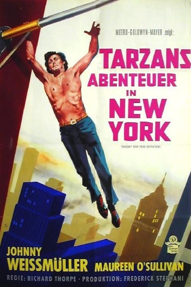 Das Filmplakat für „Tarzans Abenteuer in New York“ mit Johnny Weissmüller als Tarzan.