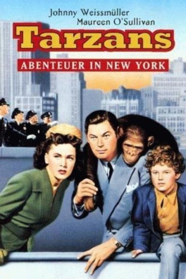 Das Filmplakat für „Tarzans Abenteuer in New York“ mit Johnny Weissmüller und Maureen O'Sullivan.