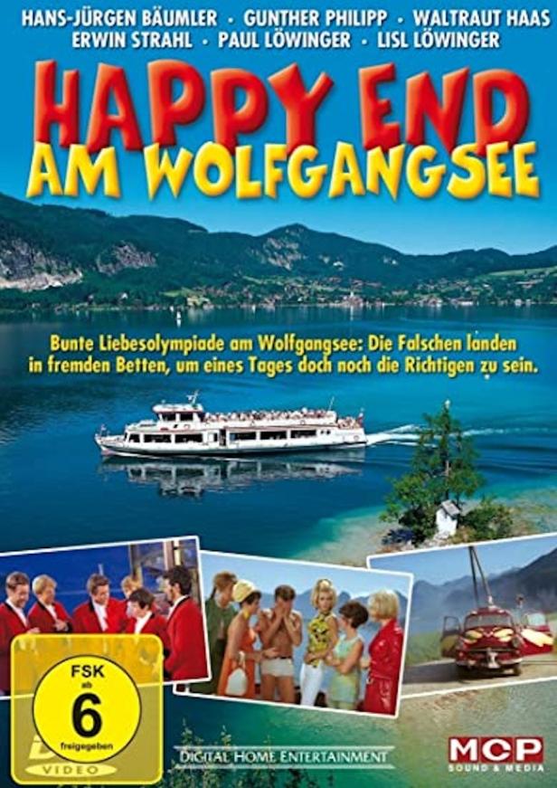 Das Filmplakat für „Happy End am Wolfgangsee“ zeigt eine bunte Szene am See.