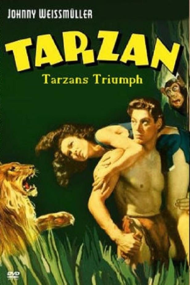 Das Filmplakat für „Tarzans Triumph“ mit Johnny Weissmüller als Tarzan, Jane, einem Löwen und einem Affen.