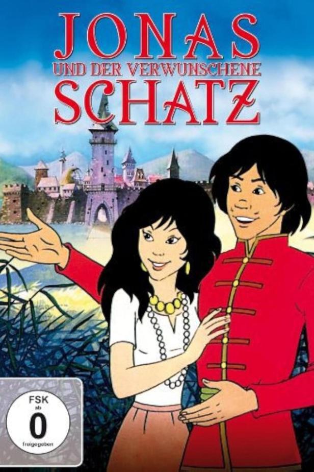 Das Cover des Zeichentrickfilms „Jonas und der verwunschene Schatz“ mit zwei jungen Protagonisten vor einem Schloss.