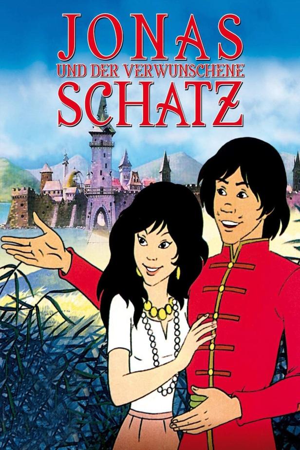 Das Cover des Films „Jonas und der verwunschene Schatz“ zeigt Jonas und ein Mädchen vor einem Schloss.