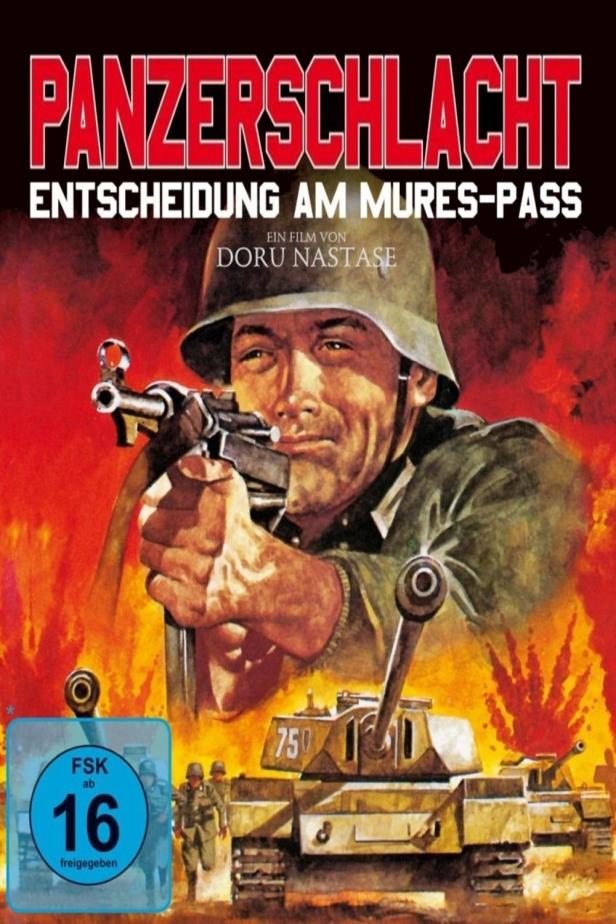 Das Filmplakat für „Panzerschlacht – Entscheidung am Mures-Pass“ zeigt einen Soldaten und Panzer.