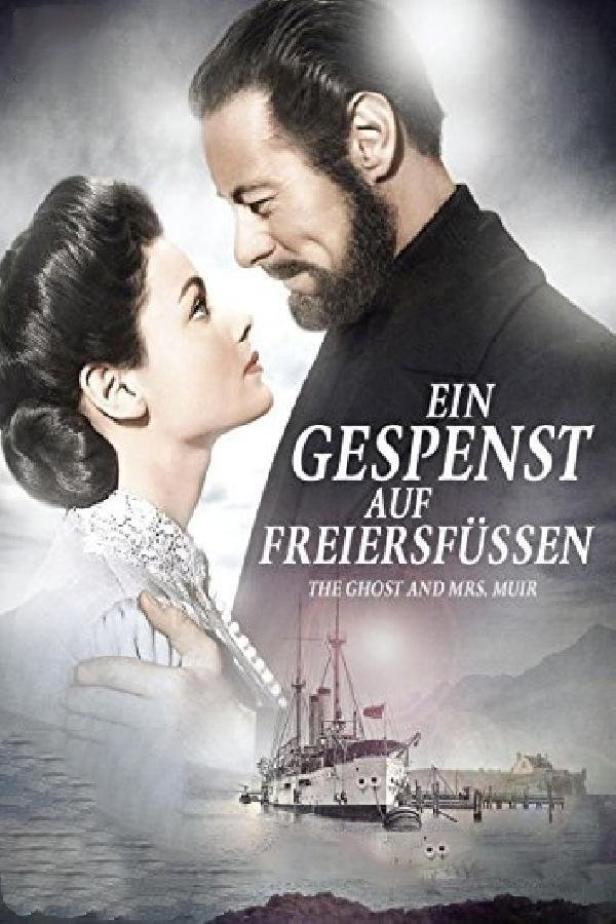 Das Filmplakat für „Ein Gespenst auf Freiersfüßen“ zeigt eine Frau und einen bärtigen Mann vor einem Schiff.