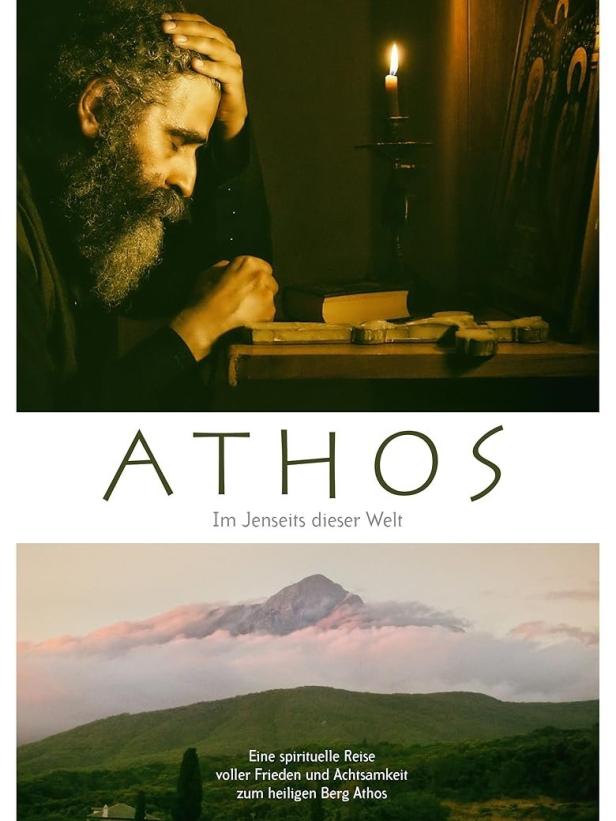 Das Cover des Films „Athos“ zeigt einen Mönch und eine Landschaft am Berg Athos.