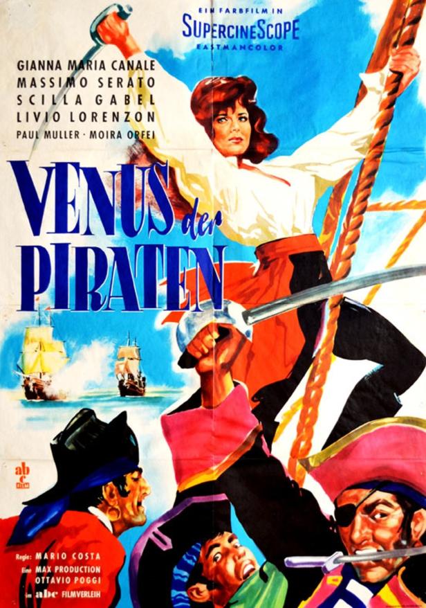Das Filmplakat für „Venus der Piraten“ zeigt eine Frau mit Schwert und mehrere Piraten.