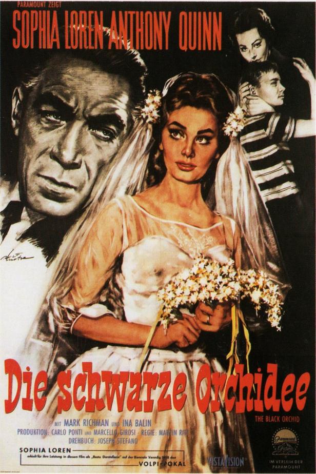 Das Filmplakat für „Die schwarze Orchidee“ mit Sophia Loren als Braut.