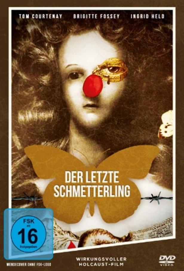 Das Filmplakat für „Der letzte Schmetterling“ zeigt ein Gesicht mit Clownsnase und Schmetterlingssymbolik.