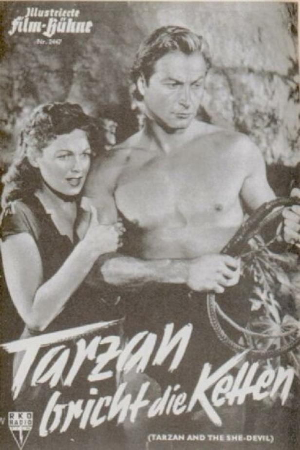 Ein Filmposter für „Tarzan bricht die Ketten“ mit Tarzan und einer Frau.