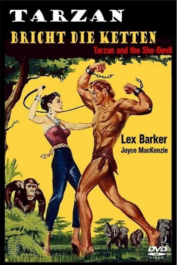 Das Filmplakat für „Tarzan bricht die Ketten“ zeigt Tarzan und eine Frau mit einer Peitsche.