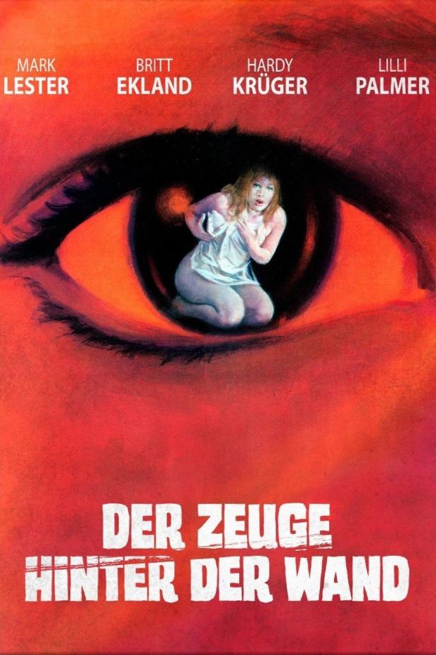 Das Filmplakat für „Der Zeuge hinter der Wand“ zeigt eine verängstigte Frau im Auge eines Mannes.