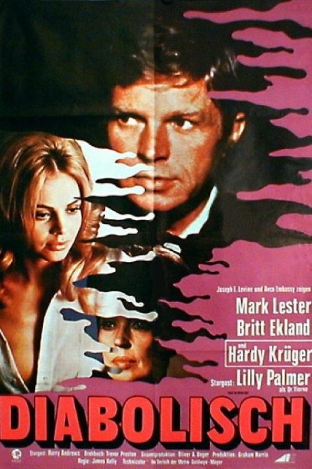 Das Filmplakat für „Diabolisch“ zeigt Mark Lester, Britt Ekland, Hardy Krüger und Lilly Palmer.