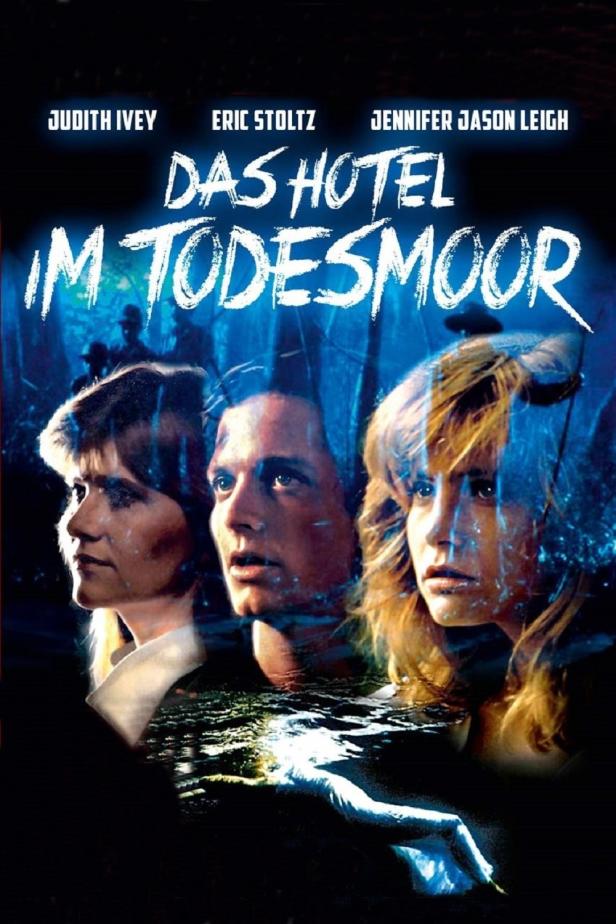 Das Filmplakat für „Das Hotel im Todesmoor“ zeigt Judith Ivey, Eric Stoltz und Jennifer Jason Leigh.