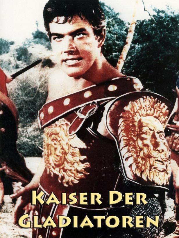 Ein Mann in Gladiatorenrüstung auf dem Filmplakat „Kaiser der Gladiatoren“.