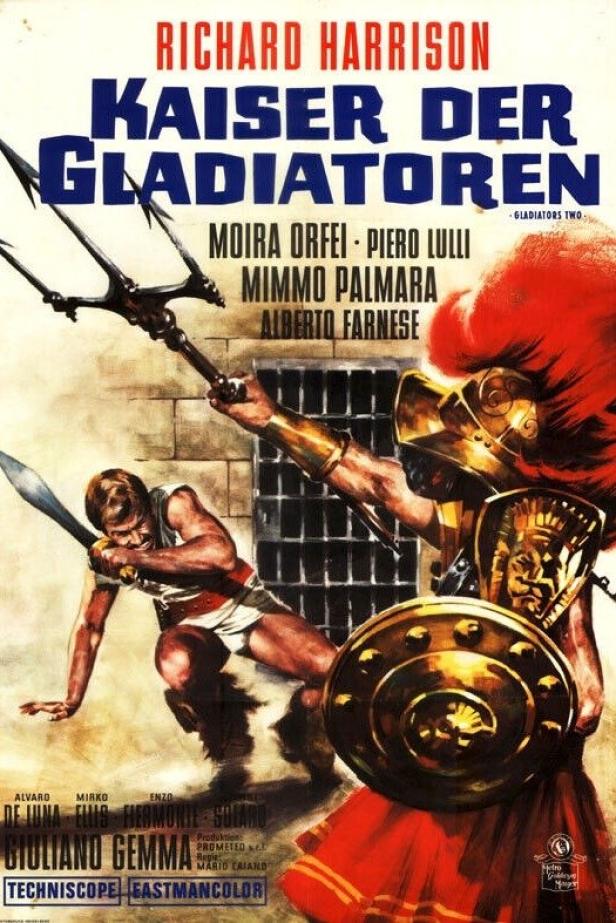 Das Filmplakat für „Kaiser der Gladiatoren“ zeigt zwei Gladiatoren im Kampf.