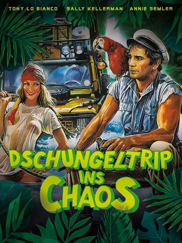 Das Filmplakat für „Dschungeltrip ins Chaos“ zeigt Tony Lo Bianco mit einem Papagei auf der Schulter.
