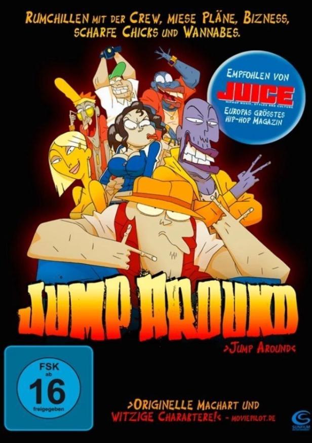 Das Cover des animierten Hip-Hop-Films „Jump Around“ zeigt eine Gruppe von Cartoon-Figuren.