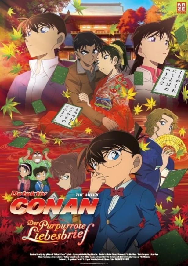 Das Filmplakat zu „Detektiv Conan: Der purpurrote Liebesbrief“ zeigt verschiedene Charaktere vor einem japanischen Tempel.