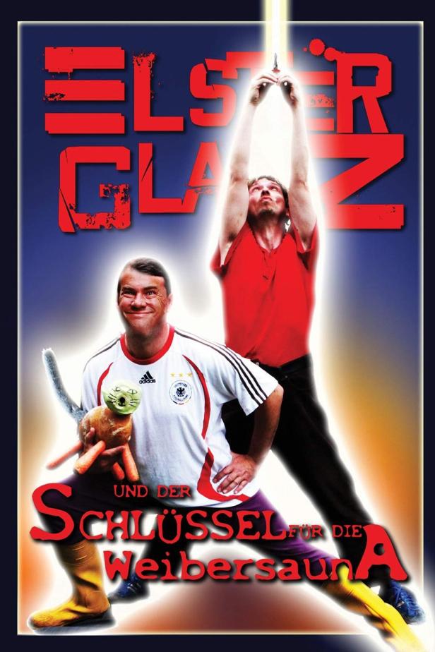 Das Filmplakat zu „Elsterglanz und der Schlüssel für die Weibersauna“ zeigt zwei Männer und einen Hasen.
