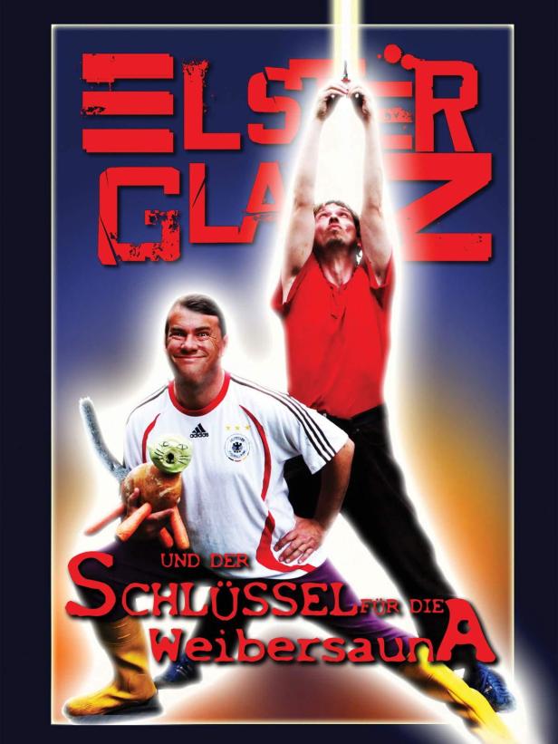 Das Filmplakat zu „Elsterglanz und der Schlüssel für die Weibersauna“ zeigt zwei Männer und einen Schlüssel.