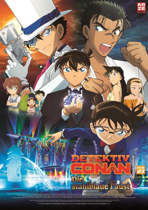 Das Filmplakat zu „Detektiv Conan: Die stahlblaue Faust“ zeigt die Hauptfiguren vor einer Skyline.