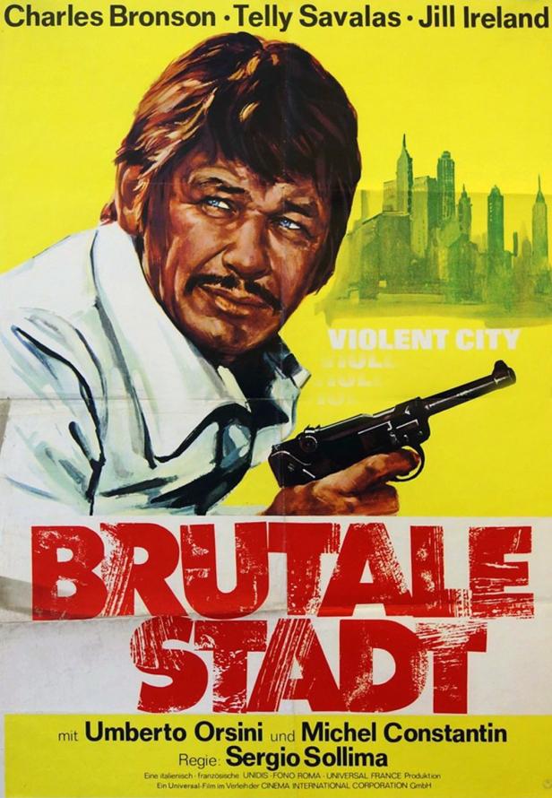 Das Filmplakat für „Brutale Stadt“ zeigt Charles Bronson mit einer Waffe vor einer Stadtkulisse.