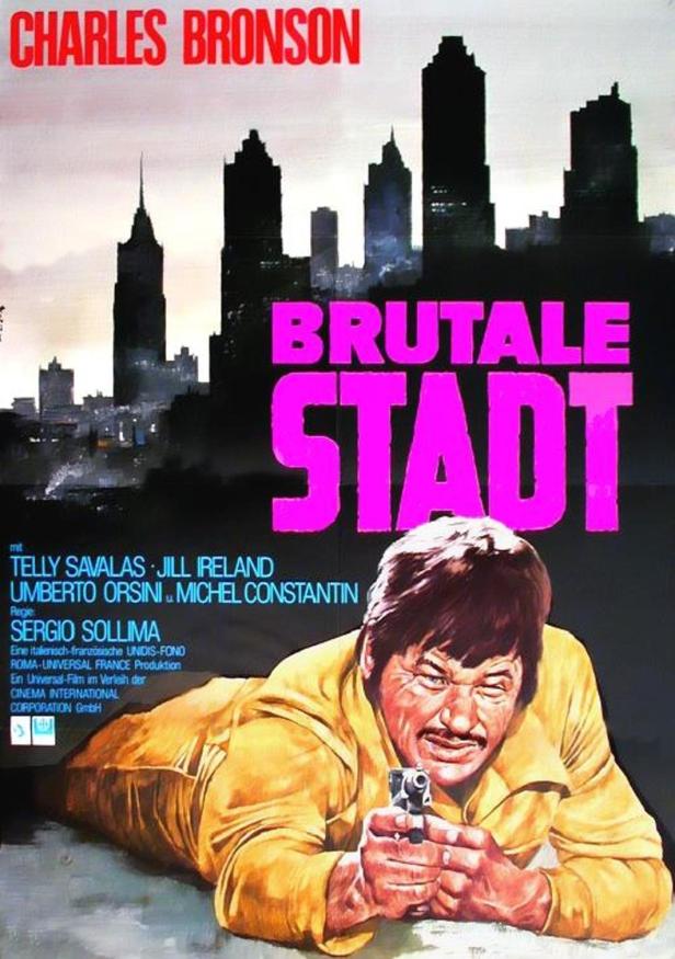 Das Filmplakat für „Brutale Stadt“ zeigt Charles Bronson mit einer Waffe vor einer Skyline.