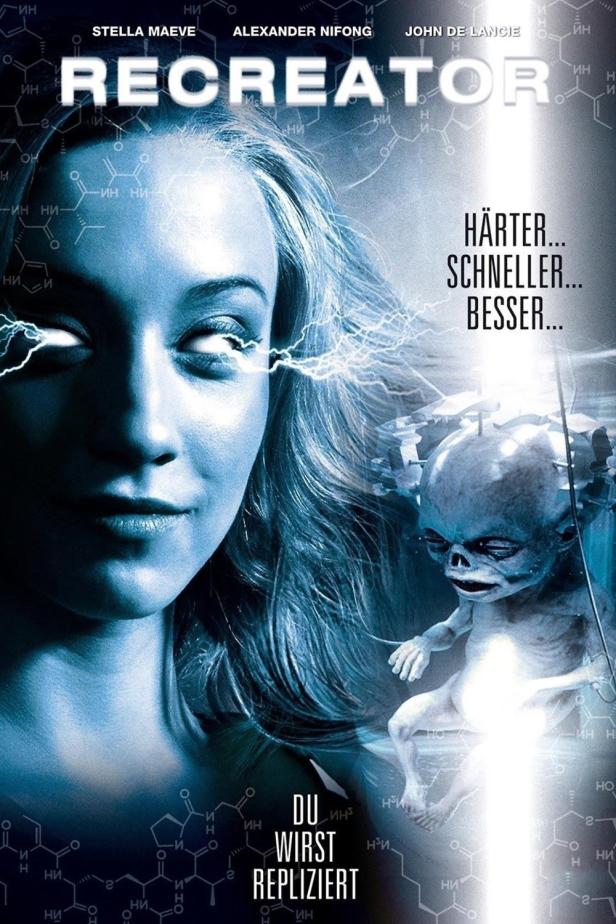 Das Filmplakat für „Recreator“ zeigt eine Frau mit leuchtenden Augen und ein neugeborenes Alien.