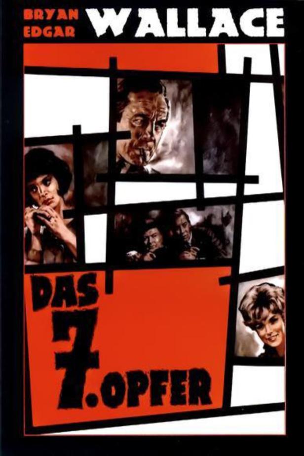 Das Filmplakat für „Das 7. Opfer“ von Bryan Edgar Wallace zeigt mehrere Porträts.