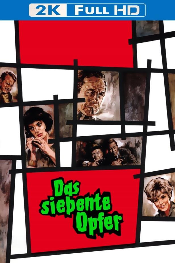 Das Filmplakat für „Das siebente Opfer“ zeigt mehrere Charaktere in einzelnen Feldern.