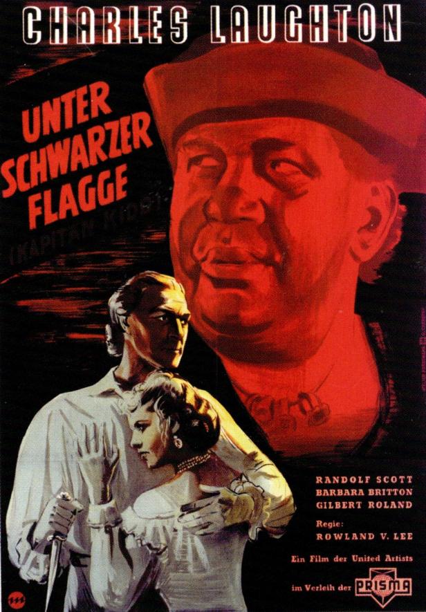Das Filmplakat für „Unter Schwarzer Flagge“ mit Charles Laughton als Kapitän Kidd.