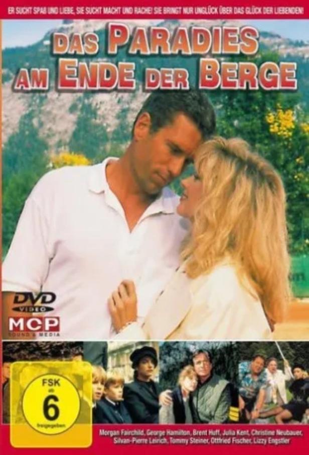 Das Cover des Films „Das Paradies am Ende der Berge“ mit Morgan Fairchild und George Hamilton.