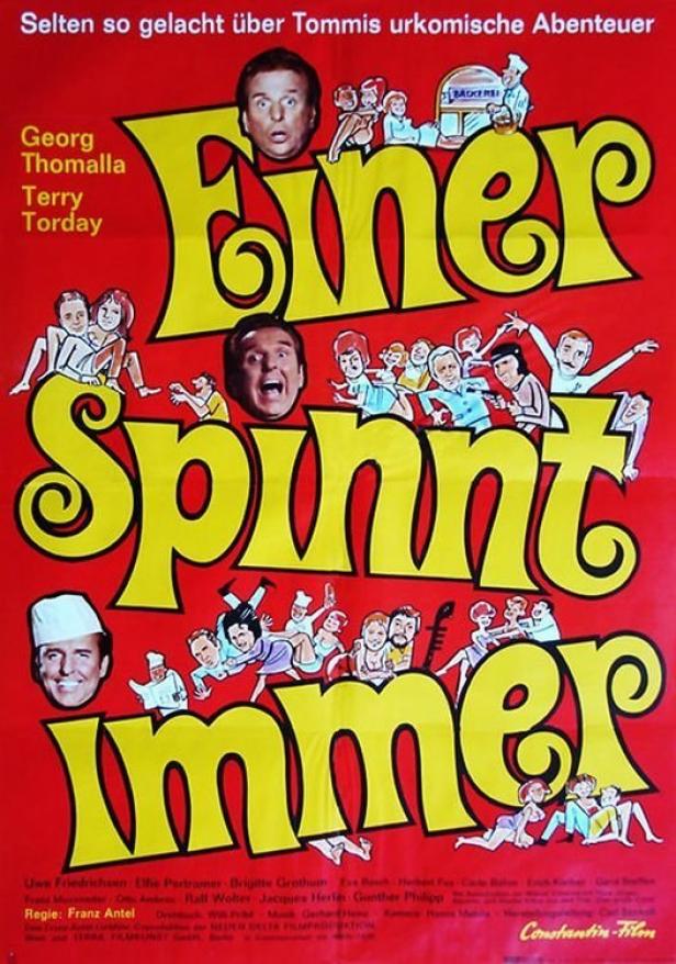 Das Filmplakat für „Einer spinnt immer“ mit Georg Thomalla und vielen Comicfiguren.