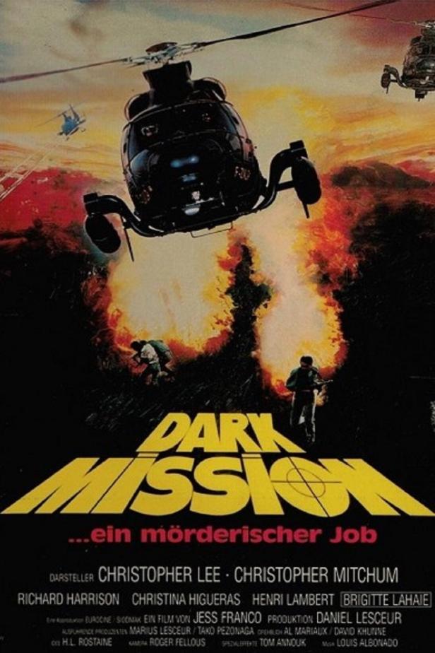 Das Filmplakat für „Dark Mission“ zeigt einen Hubschrauber über einer brennenden Landschaft.