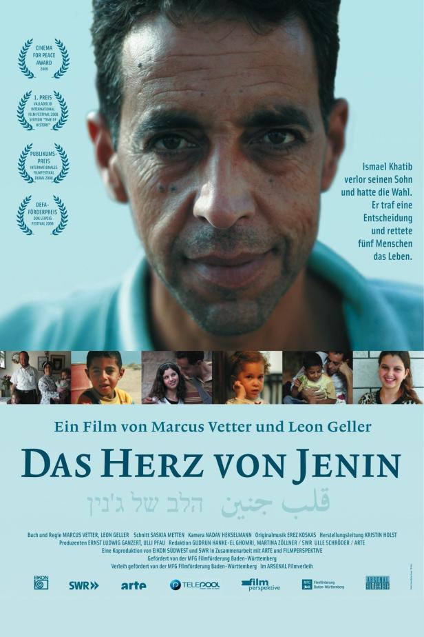 Das Filmplakat zeigt Ismael Khatib und wirbt für den Film „Das Herz von Jenin“.