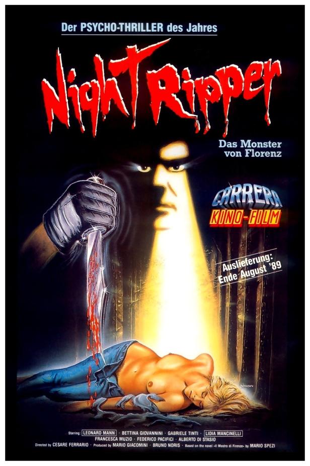 Das Filmplakat für „Night Ripper“ zeigt eine tote Frau und einen Mörder mit blutigem Messer.