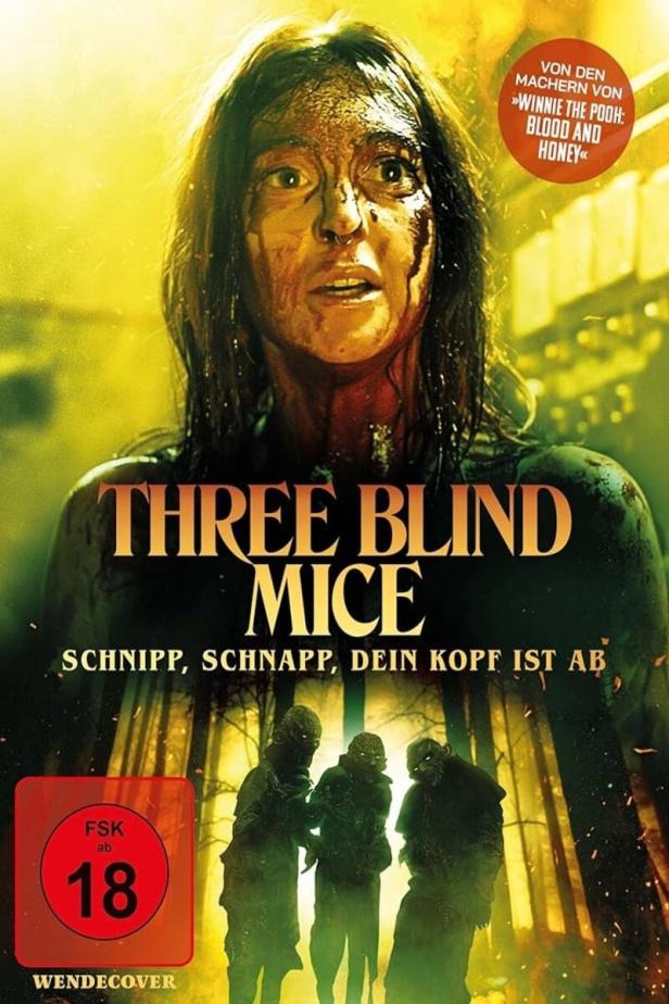 Das Cover des Horrorfilms „Three Blind Mice“ zeigt eine blutverschmierte Frau und drei unheimliche Gestalten.